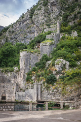 Fototapeta na wymiar Historical walls of Gurdic Gate, oldest entrance to the Old Town of Kotor, Montenegro