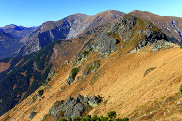 Fototapeta premium Poland, Tatra Mountains, Zakopane - Goryczkowa Pass, Cicha Liptowska and Tomanowa valleys with Czerwone Wierchy peaks and Western Tatra in background