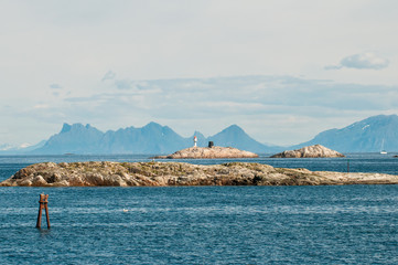 Coast landscape at Henningsvaer on Lofoten islands in northern Norway. 