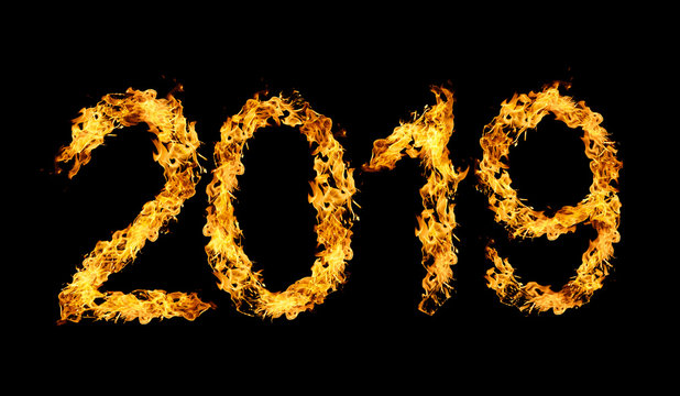Number 2019 written by flames of fire isolated on black background. New Year concept.