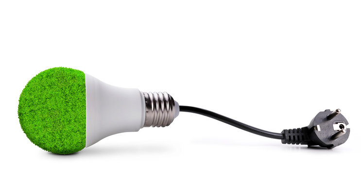 Eco LED bulb with electric plug isolated on white background.Saving lamp. Green energy theme.