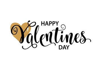 Happy Valentines Day card. Beautiful greeting typography poster handwritten calligraphy inscription black text word gold heart. Design modern lettering brush, isolated white background vector