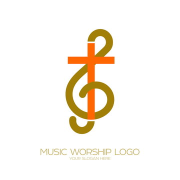 Music logo. Christian symbols. The combination of the treble clef and the cross of Jesus