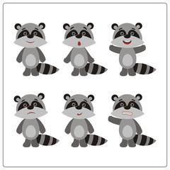 Set funny raccoon in cartoon style. Collection isolated raccoons on white background.
