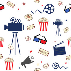 Cinema. Seamless pattern with movie elements in flat style. Camera, tickets, popcorn, glasses, and other