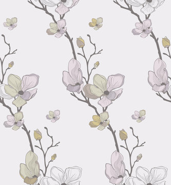 Vector Seamless Pattern with Drawn Cherry Flowers