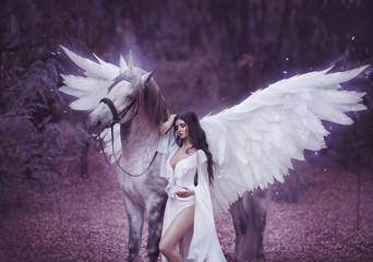 Beautiful, young elf, walking with a unicorn. She is wearing an incredible light, white dress. Art...