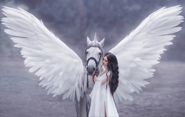 Beautiful, young elf, walking with a unicorn. She is wearing an incredible light, white dress. Art...
