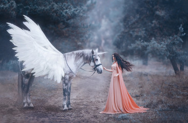 Beautiful, young elf, walking with a unicorn in the forest She is dressed in a long orange dress...