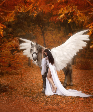 Beautiful, young elf, walking with a unicorn. She is wearing an incredible light, white dress. The girl lies on the horse. Artistic Photography