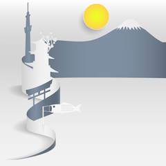 Sheet paper art of Fuji mountain. Paper art style background. Vector illustration design. travel  in japan concept.