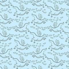 Pattern with cartoon dragons on blue background.