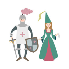 Cartoon knight with princess on white background. Vector illustration.