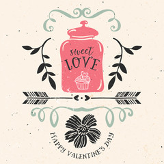 Valentine's day greeting card with lettering and other decorative elements. Vector hand drawn illustration.