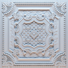 White tile with ornament, pattern in retro style. 3D rendering.