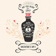 Valentine's day greeting card with lettering and other decorative elements. Vector hand drawn illustration.