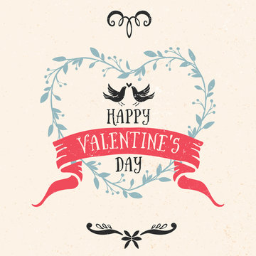 Valentine's day greeting card with ribbon, lettering and other decorative elements. Vector hand drawn illustration.