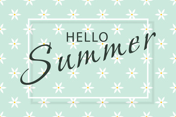 Obraz premium Hello summer banner. Green background with white flowers. Vector illustration