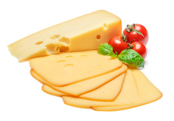 swiss cheese or cheddar and tomatoes on white background