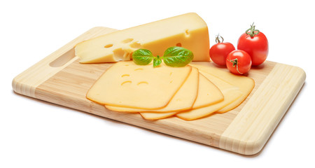 swiss cheese or cheddar and tomatoes on white background