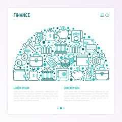 Finance concept in half circle with thin line icons: safe, credit card, piggy bank, wallet, currency exchange, hammer, agreement, atm slot. Modern vector illustration for web page, print media.