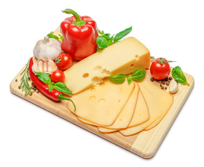 swiss cheese or cheddar and vegetables on white background