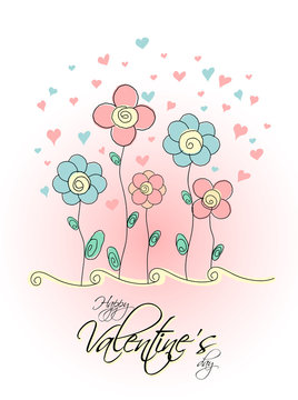 Valentine's day card with flowers and hearts. Vector illustration. 