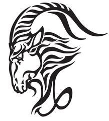 capricorn logo. Head of mythological sea goat. Tribal tattoo style astrological sign . Black and white vector illustration