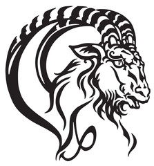 capricorn logo. Head of mythological sea goat. Tribal tattoo style astrological sign . Black and white vector illustration