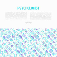 Psychologist concept with thin line icons: psychiatrist, disease history, armchair, pendulum, antidepressants, psychological support. Vector illustration for banner, web page, print media.