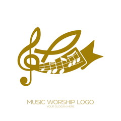 Music logo. Christian symbols. Notes, a treble clef and a fish - a symbol of Jesus