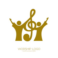 Music logo. Christian symbols. Believers in Jesus sing a song of glorification to the Lord - obrazy, fototapety, plakaty