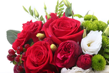 Luxury bouquet made of red and white roses on white background. Decoration for Valentines day.
