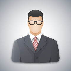 Icon or avatar of a businessman or office worker in glasses. Successful young man dressed in a gray business suit and red striped tie. Vector illustration