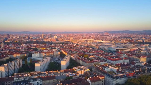 aerial drone vienna flying to city centre leopoldstadt district at sunrise