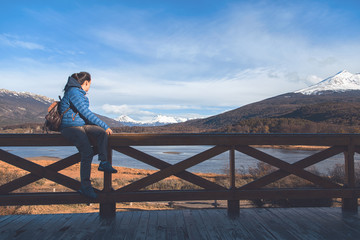 Woman looking at Tierra de Fuego National Park in Ushuaia Argentina