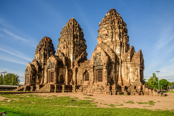 The 13th century Khmer-style temple in Thailand with blue sky