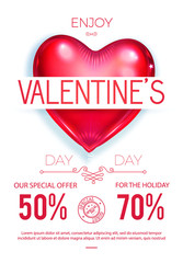 Happy Valentine's Day Sale Poster Template with Colorful and Glossy Red Foil Heart Balloon. Vector illustration