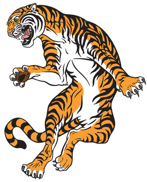 angry tiger in the jump. Tattoo style vector illustration