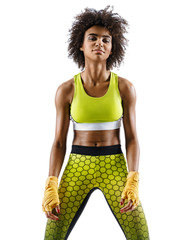 Resting time. Young boxer girl isolated on white background. Strength and motivation