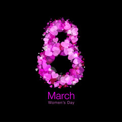 March 8 - Womens Day light design of greeting card template. Symbol of International Women's day with bright glowing red purple pink hearts isolated on white background. Vector illustration.