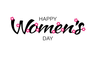 Womens Day typographic lettering isolated on white background with pink flowers. Vector Illustration of a Women's Day card.