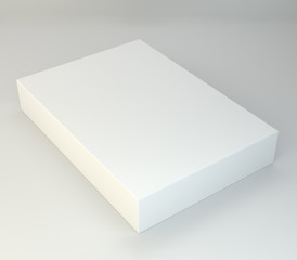 White cube blank box from top front far side angle. 3D illustration on studio background.