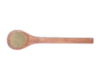 Rosemary powder on wooden spoon isolated on white background