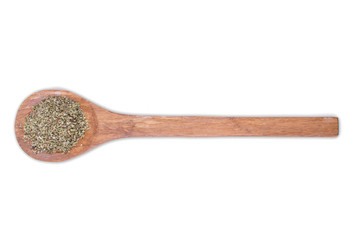 Marjoram powder on wooden spoon isolated on white background