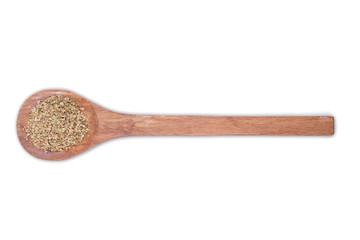 Oregano powder on wooden spoon isolated on white background