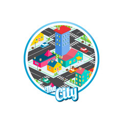 big city isometric real estate realty cartoon logo template