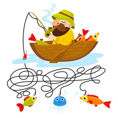 Cute animal educational maze game. Vector illustration of maze(labyrinth) educational game with cute cartoon fisherman and fishs for children