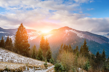 Scenic winter view on top of the Carpathian mountain