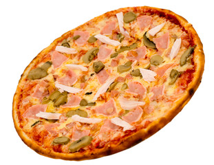 pizza with bacon, chicken and mushrooms